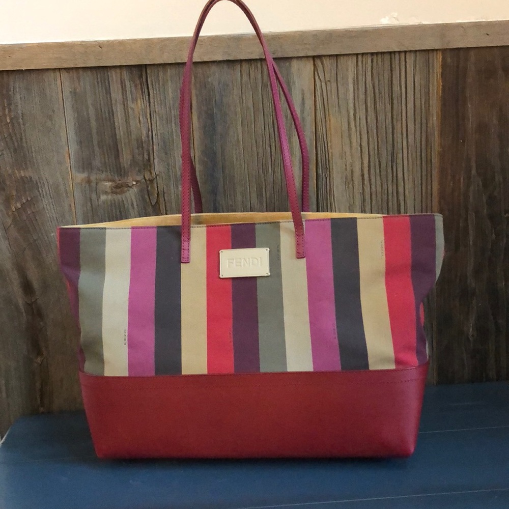 Fendi Pequin & Leather Roll Multicolor Canvas Tote